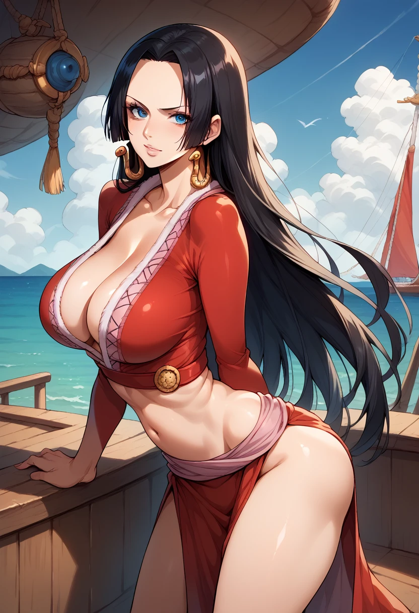 score_9, score_8_up, score_7_up, BREAK, score_9, Boa_hancock, black hair, large breasts, pelvic curtain, red shirt, long hair, blue eyes, cleavage, jewelry, midriff, skirt, looking at viewer, cowboy shot, ass, from behind, ship, veils