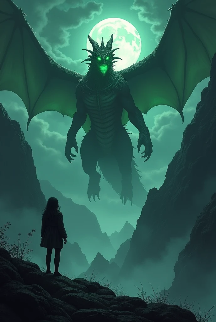Dark and intense female scene((white hair))A lone man standing on top of a mountain at night. The woman was small and silhouetted against the dark sky., Showing the enormous size of the scene. He looked at the giant dragon's face., A terrifying dragon is approaching from the sky., Wings spread wide, Glowing eyes and green scales that sparkle in the moonlight. The atmosphere is creepy., There were dark clouds swirling and the mountains were rugged and steep.. The appearance of the dragon is terrifying and powerful., As if it could unleash disaster at any moment..