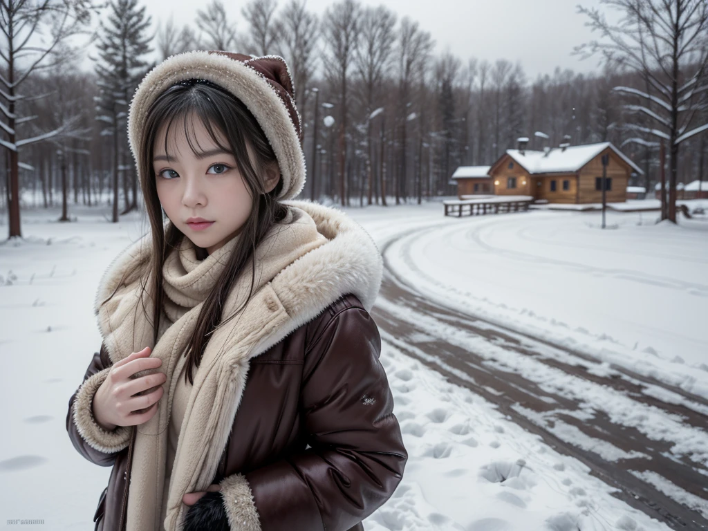 In the snowy Russian countryside、Wearing a mink fur coat、woman。Looking at this、(((Staring at the photographer、ペアのwoman)))