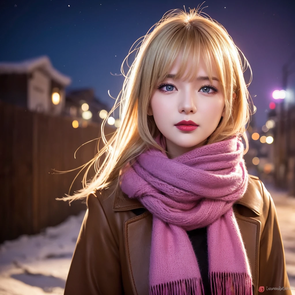 One person, Ahoge, bangs, Blonde, Throw kiss, blue eyes, blue scarf, brown scarf, Cleavage, Mouth closed, eyelash, face, Floating Hair, Hair between the eyes, heart, lips, lipstick, Long Hair, View your viewers, compensate, night null, nose, Close one eye, orange scarf, pink lips, pink scarf, Portraiture, Purple eyes, Realistic, red lips, red scarf, scarf, sign, 笑face, alone, null間, spoken heart, star (null), starry null, Upper Body, watermark, Yang Xiao Long, yellow scarf