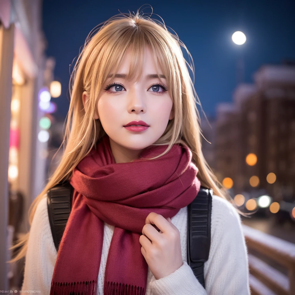 One person, Ahoge, bangs, Blonde, Throw kiss, blue eyes, blue scarf, brown scarf, Cleavage, Mouth closed, eyelash, face, Floating Hair, Hair between the eyes, heart, lips, lipstick, Long Hair, View your viewers, compensate, night null, nose, Close one eye, orange scarf, pink lips, pink scarf, Portraiture, Purple eyes, Realistic, red lips, red scarf, scarf, sign, 笑face, alone, null間, spoken heart, star (null), starry null, Upper Body, watermark, Yang Xiao Long, yellow scarf