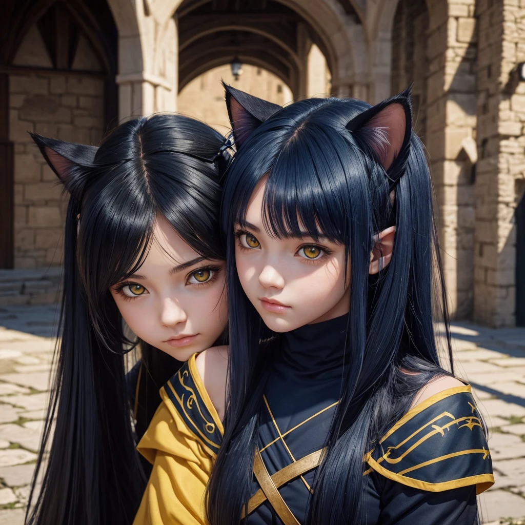 portrait, 1girl, young girl, cute girl, soft face, dark blue hair, anime hair, medium-long hair, yellow eyes, ninja, medieval, fantasy, RPG, cat ears, hidden human ears, at a medieval city, (best quality, masterpiece)