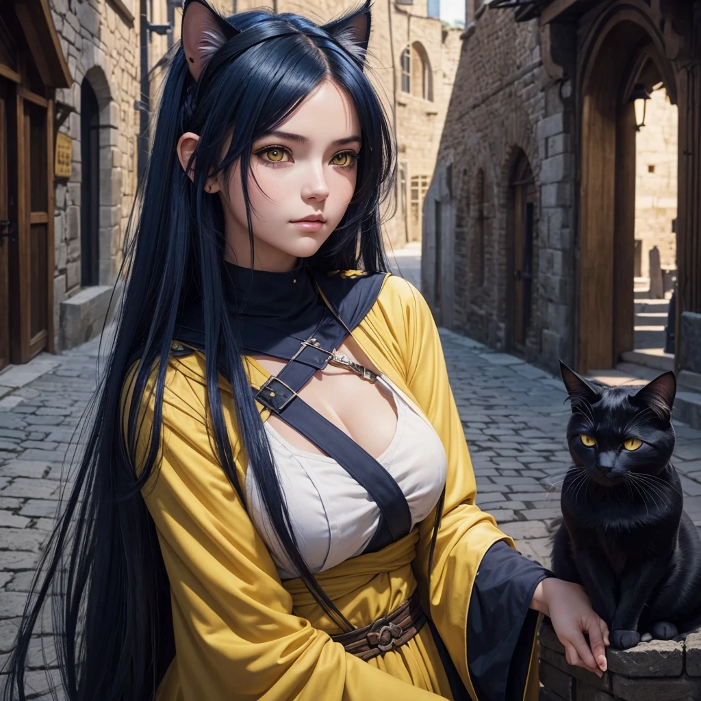 portrait, 1girl, young girl, cute girl, soft face, dark blue hair, anime hair, medium-long hair, yellow eyes, ninja, medieval, fantasy, RPG, cat ears, hidden human ears, at a medieval city, (best quality, masterpiece)