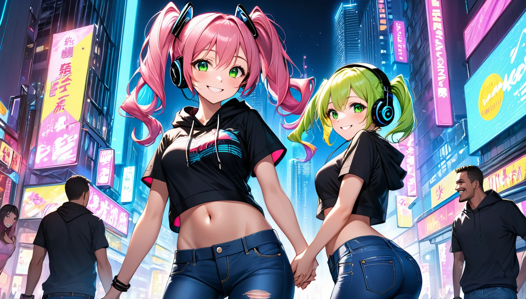 masterpiece, 1girl ((20year old, Black short sleeve hoodie exposes navel, tight blue jeans, medium breasts, multicolor pink hair, twin ponytails, green eyes, flirting, happy, big smile, headphones, standing in a street at night, neon lights and towering skyscrapers, futuristic and energetic atmosphere))
