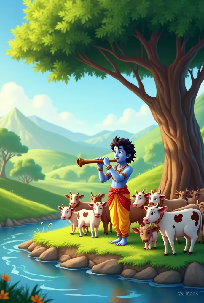 Need an animated image which has hills in the back, with a tree in the front, a river flowing on the left side of tree, cows and calves following little krishna under the tree with playing flute.