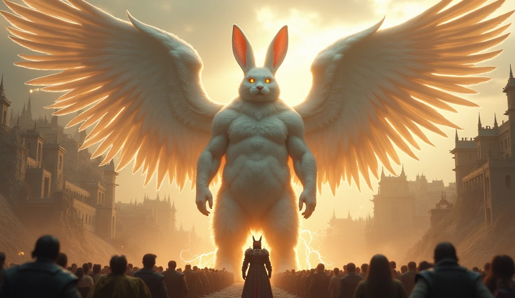 A rabbit, The color is white, So big it could swallow a poem, Holy, Seongsu, Stand on two legs, muscular body, Spreading the angel&#39;s wings., A cat with a human face, Wearing the armor of a medieval emperor,The size of a city , Rich medieval ancient city background, It is 100m in size, god화속세상, high detail, 8k, photorealistic, hyper realistic, god, Electricity surrounds the body, The eyes glow yellow., The crowd is bowing down to him..