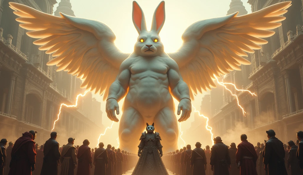 A rabbit, The color is white, So big it could swallow a poem, Holy, Seongsu, Stand on two legs, muscular body, Spreading the angel's wings., A cat with a human face, Wearing the armor of a medieval emperor,The size of a city , Rich medieval ancient city background, It is 100m in size, god화속세상, high detail, 8k, photorealistic, hyper realistic, god, Electricity surrounds the body, The eyes glow yellow., The crowd is bowing down to him..