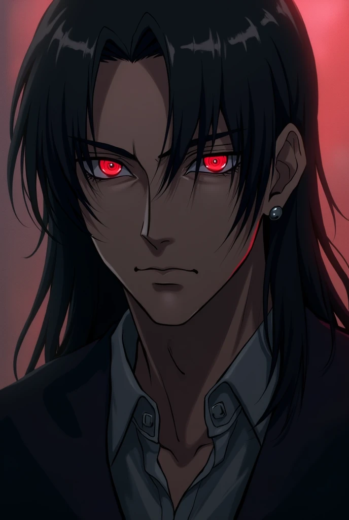 Serious man adult anime long black hair red eyes sexy