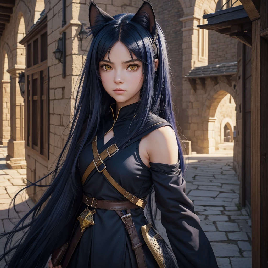 portrait, 1girl, young girl, cute girl, soft face, dark blue hair, anime hair, medium-long hair, yellow eyes, ninja, medieval, fantasy, RPG, cat ears, hidden human ears, at a medieval city, (best quality, masterpiece)