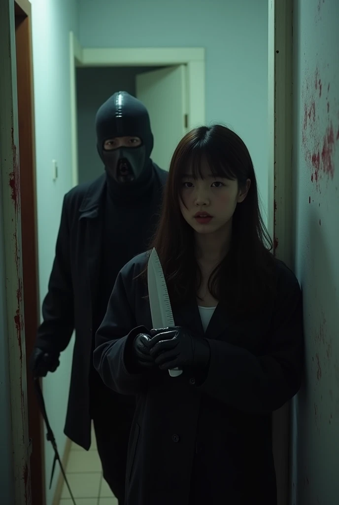 2 korean girls, (holding knife, leather balaclava mask), stabbing, black leather gloves, entrance of the house, black raincoat, girl only, bloody knife, leather gloves, looking at viewer, white room, blood splatter, night, mass murderer, killer, blood splatter, bloody room