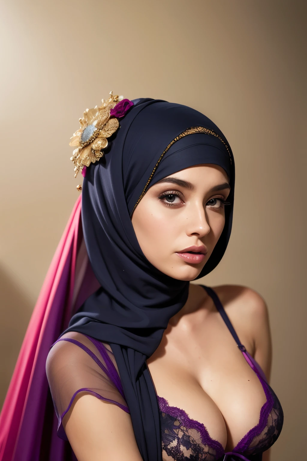 Hijab colorful,  sexy attire,  thin,  teen model bridesmaid, thin body, skin tight, full body lingerie dress, perfect body,  (big breasts) standing pose, lingerie leg accessories, waist accessories, arm accessories, face accessories, above top view, close up 