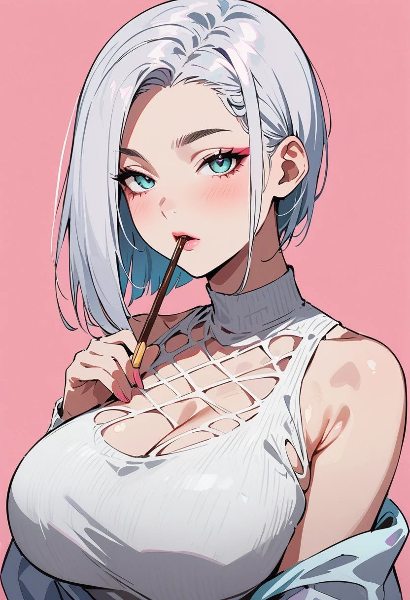 (masterpiece, best quality:1.4), 1 girl, solo, Anime style, Gray pupil, Blurred eyes, Pocky in hand, Pink lower lip, Cyberpunk style makeup, Short silver asymmetrical hair, Asymmetrical short hairstyle, Long bangs on one side, Color highlights, Huge breasts, Black openwork sweater, Pink background.