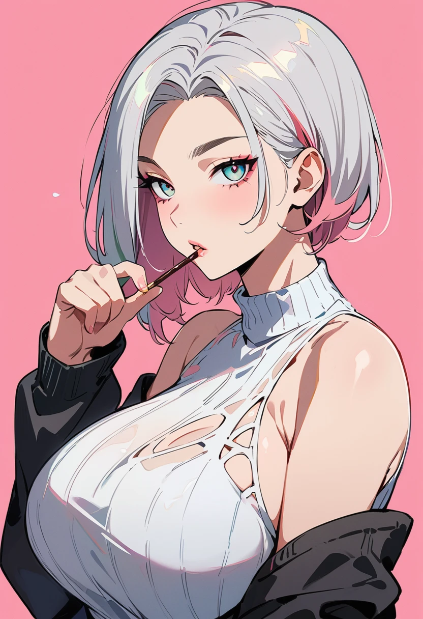 (masterpiece, best quality:1.4), 1 girl, solo, Anime style, Gray pupil, Blurred eyes, Pocky in hand, Pink lower lip, Cyberpunk style makeup, Short silver asymmetrical hair, Asymmetrical short hairstyle, Long bangs on one side, Color highlights, Huge breasts, Black openwork sweater, Pink background.