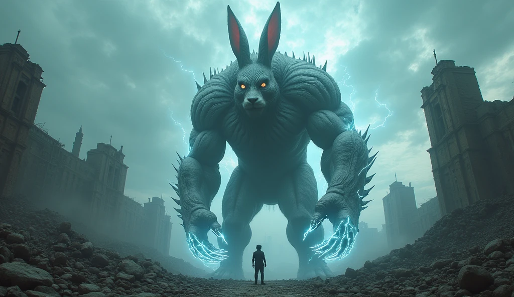 a giant white electric rabbit monster in a war-torn ancient city, 50m tall, in a mythical world, (best quality,4k,8k,highres,masterpiece:1.2),ultra-detailed,(realistic,photorealistic,photo-realistic:1.37),extremely detailed eyes and face,longeyelashes,muscular body,fearsome expression,electricity arcing across its body,crumbling ruins,destroyed cityscape,ominous cloudy sky,dramatic lighting