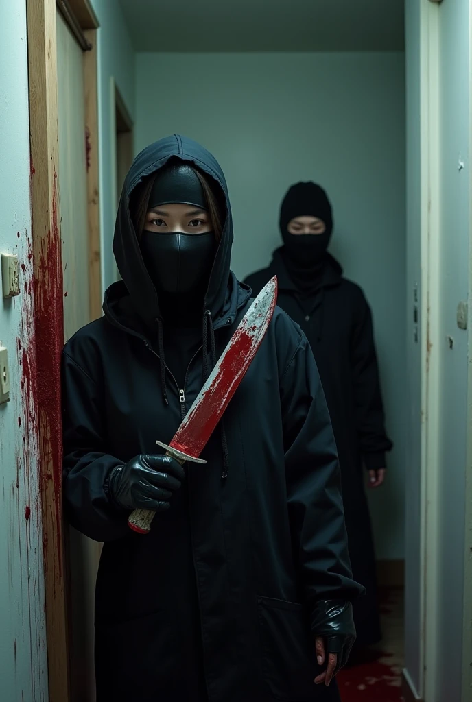2 korean girls, (holding knife, leather balaclava mask), stabbing, black leather gloves, entrance of the house, black raincoat, girl only, bloody knife, leather gloves, looking at viewer, white room, blood splatter, night, mass murderer, killer, blood splatter, bloody room