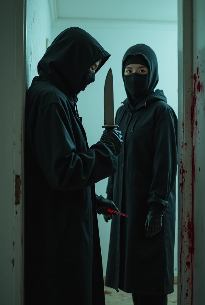 2 korean girls, (holding knife, leather balaclava mask), stabbing, black leather gloves, entrance of the house, black raincoat, girl only, bloody knife, leather gloves, looking at viewer, white room, blood splatter, night, mass murderer, killer, blood splatter, bloody room
