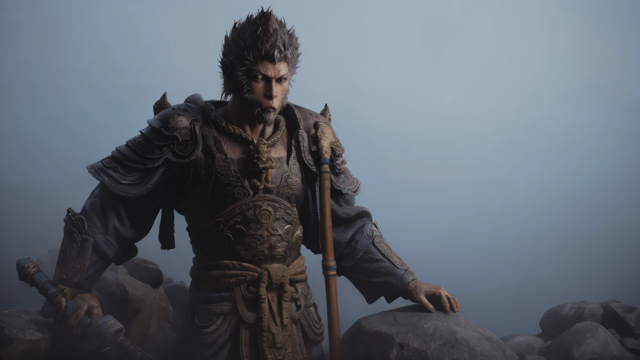 wukong \(black myth\) Standing on a huge rock, looking at the huge Buddha statue made of water，Swinging the Golden Cudgel，Jump up handsomely，After all the hardships，Stand in front of the Buddha statue，Sense of giants，Movie Feel，Lake fog，Perfect composition，close up，Shock