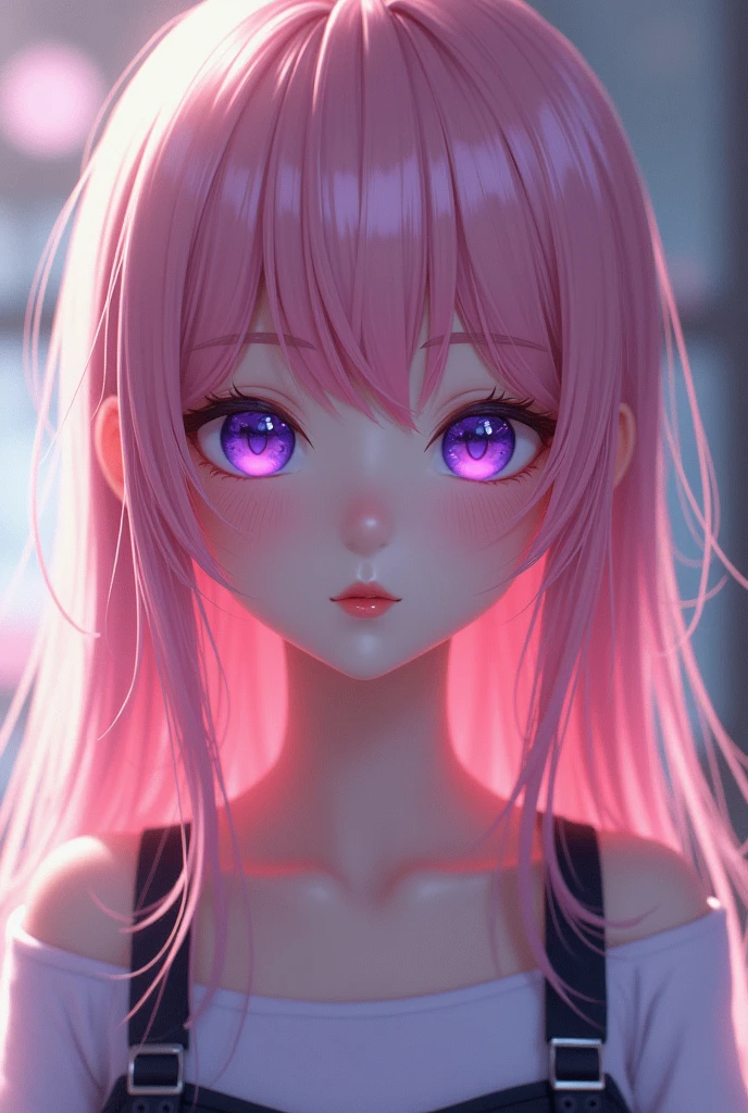 (Best quality,8K,high resolution,masterpiece:1.2),Digital Artwork, A girl,Delicate face,Delicate eyes,Pink Hair,Long and straight hair,Glowing purple eyes,Red lips,Suspenders