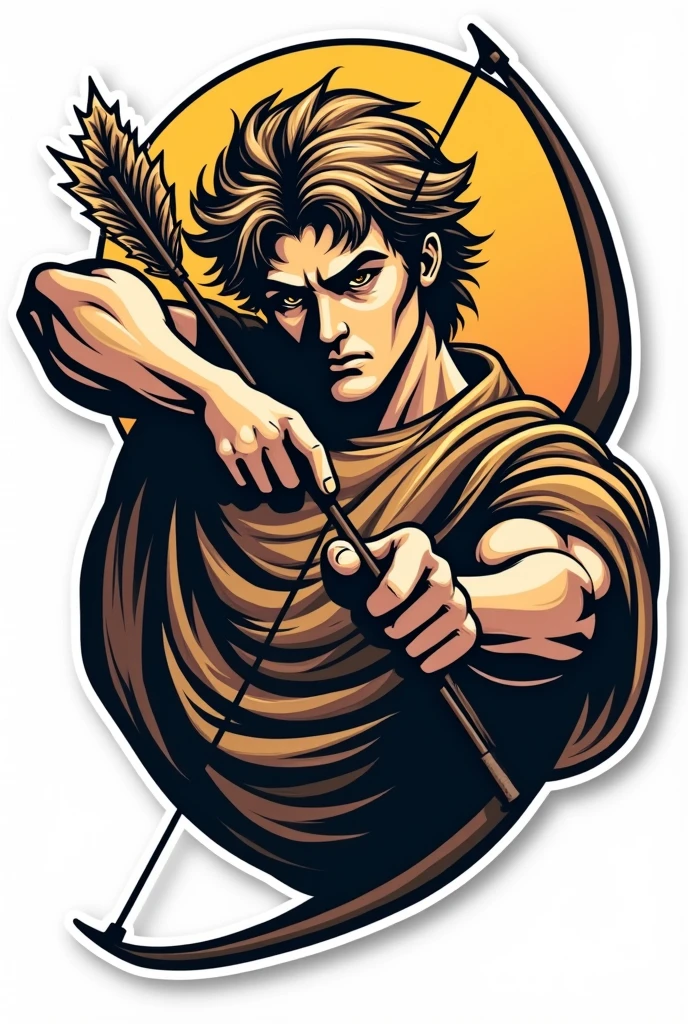 God Apollo holding a bow and arrow. Make his face a little fierce and facing in front. Make it a sticker-like image with bold outline. It should be accurate as a logo. 