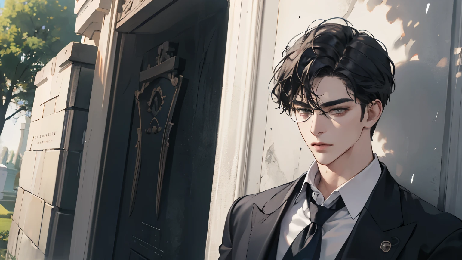 (very handsome: 1.2), 8 thousand, (masterpiece: 1.0), (best_quality: 1.0), 1 man, 20 years old, black hair, black-rimmed glasses, white shirt, black suit jacket, black tie, Black gloves, indifferent eyes, gentlemanly temperament, handsomeness, and intricate details, enlarged texture, exquisite eyes and detailed face, tired eyes, equal eyes, Carolina eyes, half-length shot, 45-degree side face, cemetery, cemetery, mausoleum, tombstone, long shot, long shot