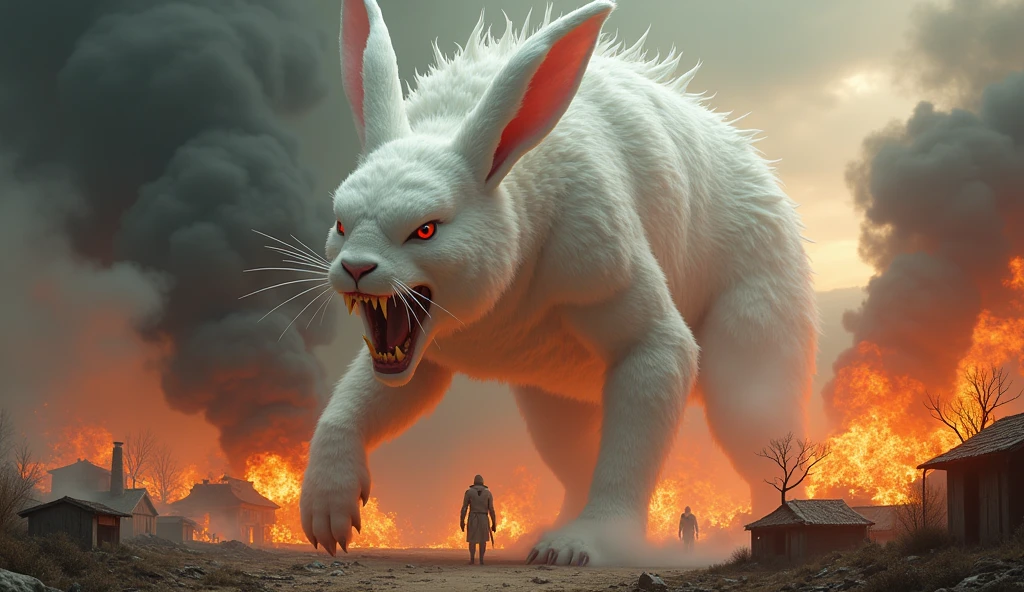 a large ferocious white rabbit,monster,burning village background,10m tall,mythological world,highly detailed,8k,photorealistic,hyper realistic
