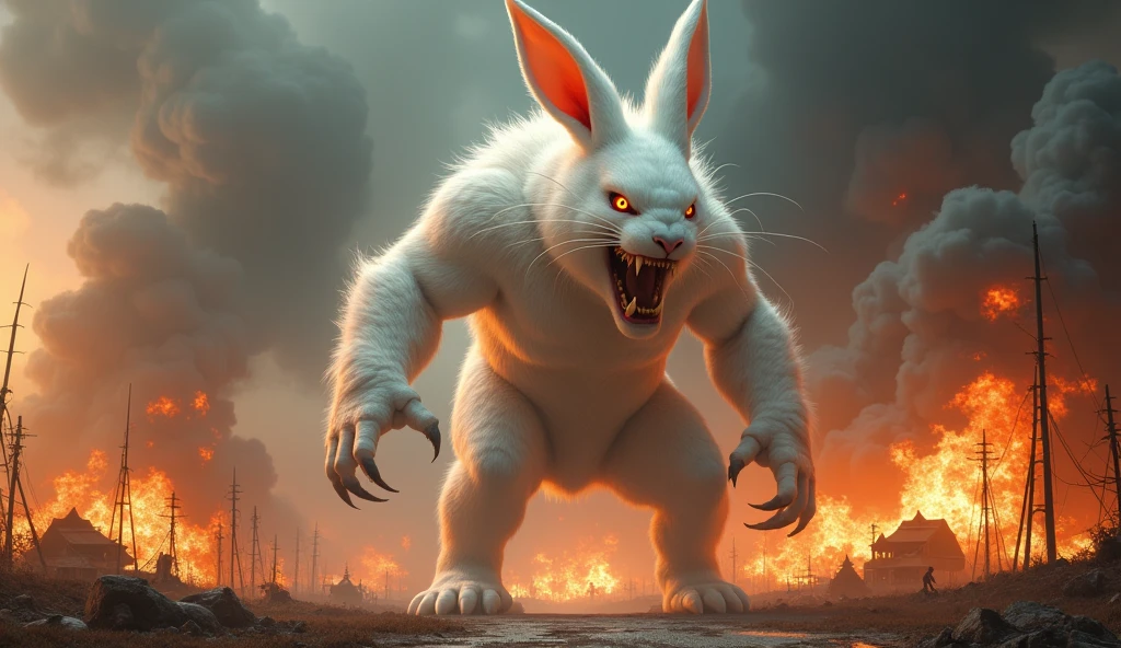 a large ferocious white rabbit,monster,burning village background,10m tall,mythological world,highly detailed,8k,photorealistic,hyper realistic