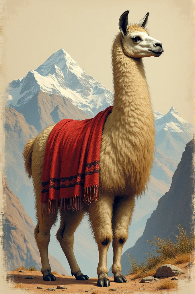 Create an Andean llama with antique red lucho in drawing