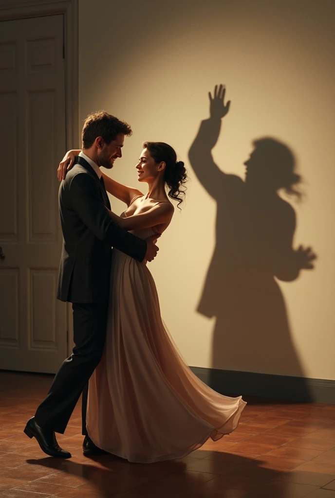 a couple is dancing but their shadow shows that the husband is beating his wife
