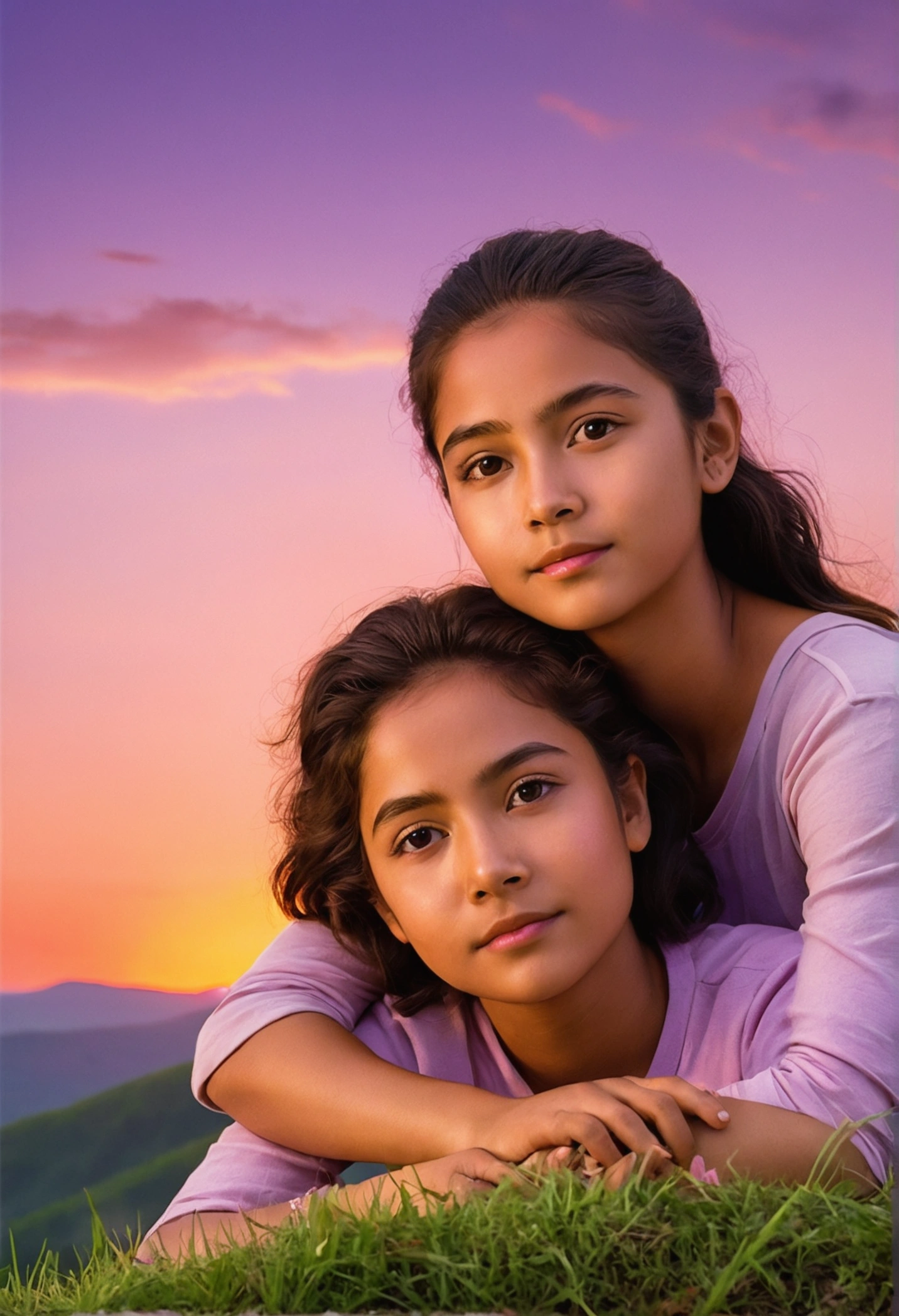 Hyper-Realistic Sunset Hilltop Scene (Front View, Age 24): A 2 boy and girl sit together on the grassy top of a hill, facing the viewer, with the girl gently resting her head on the boy’s shoulder. Their expressions are peaceful and content as they enjoy the stunning sunset in front of them. The warm, golden light of the setting sun illuminates their faces, highlighting their youthful features. The sky is a vibrant blend of orange, pink, and purple, with a few stars beginning to twinkle as dusk settles in. The hilltop is surrounded by lush greenery, and distant mountains are softly bathed in the evening glow. The overall mood is serene and intimate, capturing the beauty of the moment and the bond they share.