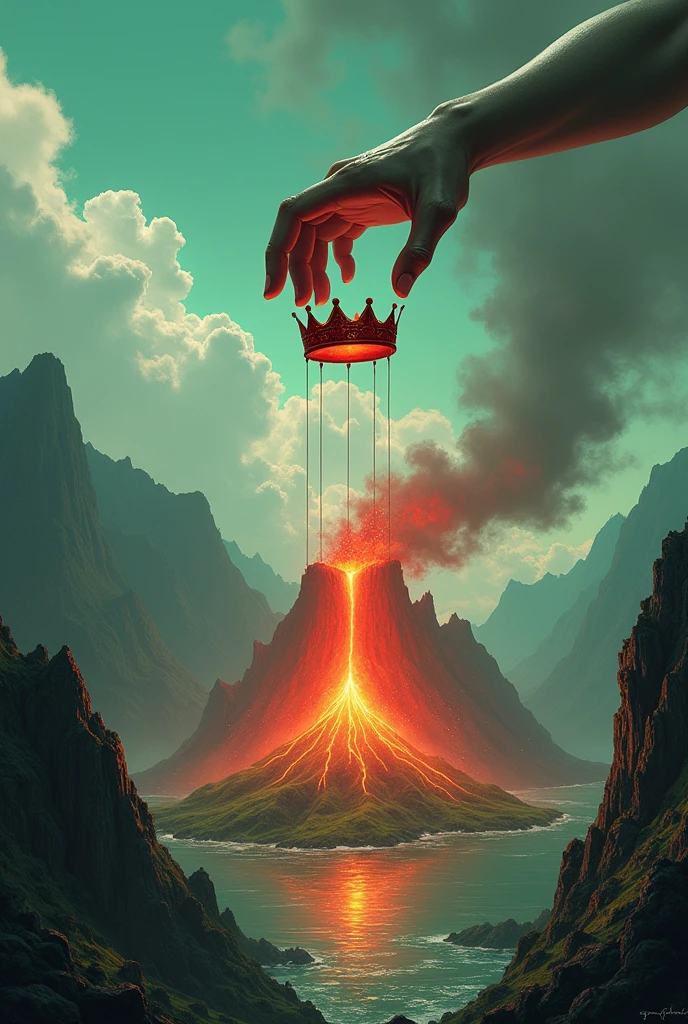 make a cover for my medieval fantasy book At the top of the cover a hand holding a red crown by several threads(like a puppet) below, several green mountains on an island and in the middle of them a gigantic volcano erupting vertical cover in the ideal format for a book