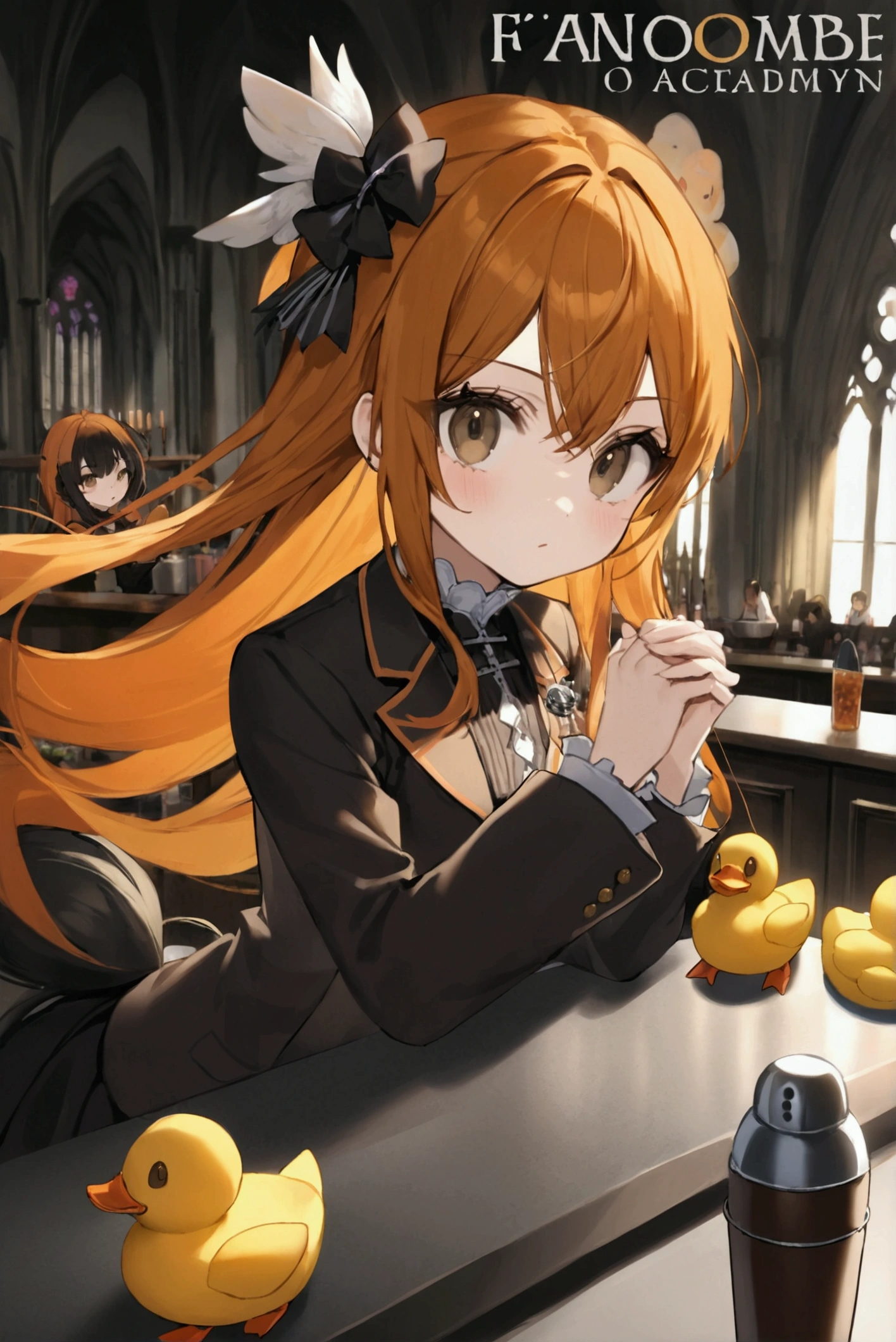 Background Gothic_cathedral bar_counter, 1 girl, (motion blur, shaking silver cocktail_shaker with both hands, perfect hands,and only 5fingers):1.33, Her name is ZENKA, college school student attending AMD Academy, 20yo, (detailed brown eyes, jet-black middle hair,colored inner orange ombre hair multicolored hair):1.33, little wavy, tied duck_tail, (and her sharp-long eyes are brown,eyebrow):1.33, in black_vest of bartender_style, Her image colors is RYZEN's image colors : orange, black, and white, repaint jet-black semi-long hair, (ennui, serious,emphasis on facial expression):1.1, (dim light, ray tracing, Faintly emerge from the darkness):1.3,