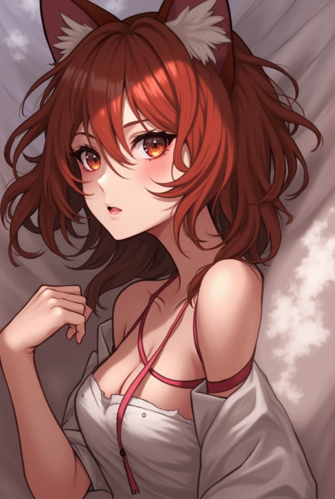 cartoon image of a woman with red hair and cat ears, extremely detailed art germ, seductive anime girl, artgerm style, Holo - wolf girl, Ari, Now, if the girl is a wolf, ! Dream artgerm, portrait of Ari, attractive cat girl, High Definition Commission, like artgerm