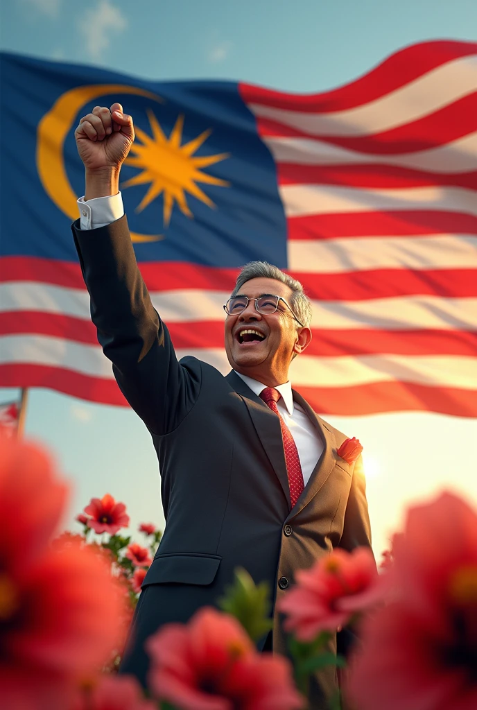 Tunku abdul rahman standing, raising his right arm while chanting independence. The background is Malaysia flag. Besides him are hibiscus flower