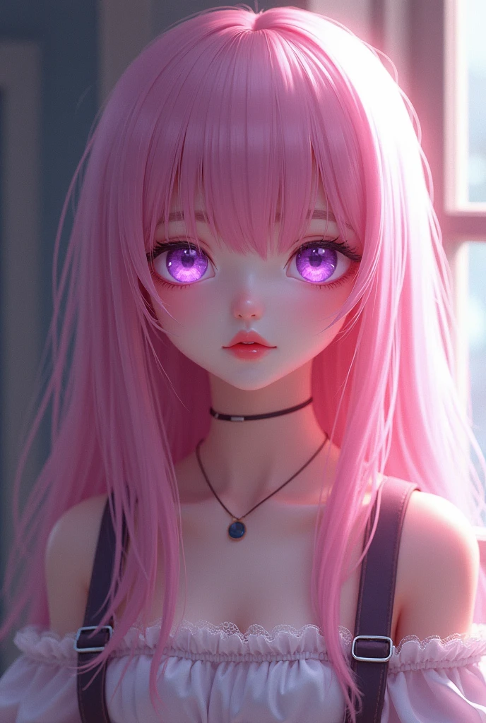 (Best quality,8K,high resolution,masterpiece:1.2),Digital Artwork, A girl,Delicate face,Delicate eyes,Pink Hair,Long and straight hair,Glowing purple eyes,Red lips,Suspenders