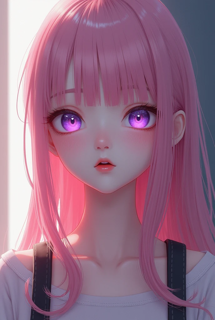 (Best quality,8K,high resolution,masterpiece:1.2),Digital Artwork, A girl，Delicate face，Delicate eyes，Pink Hair，Long and straight hair，Glowing purple eyes，Red lips，Suspenders
