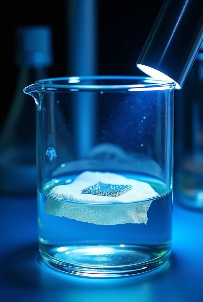A piece of white cotton cloth about 2 cm * 2 cm is soak (deep) all in silver nitrate solution(in beaker science) with a UV lamp on top.