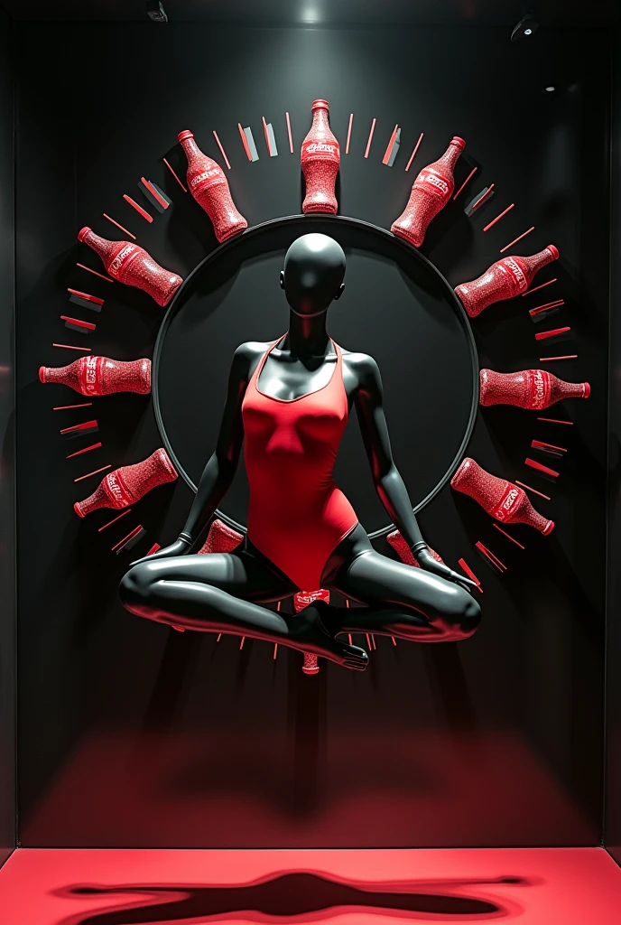 display window with a black mannequin and red swimsuit in a floating yoga position, in the middle of a clock whose hands are coca cola bottles, on a dark background and highlighted in the middle