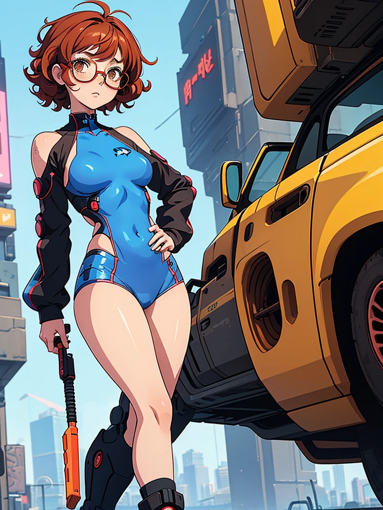 (masterpiece), (best quality), 1 girl, red hair,((brown eyes)),curly hair, (short curly hair) , brown eyes, anime style, freckles, (small breast),(petite figure), (blue outfit),(cyberpunk clothes)),legs, desert background, (yellow glasses)