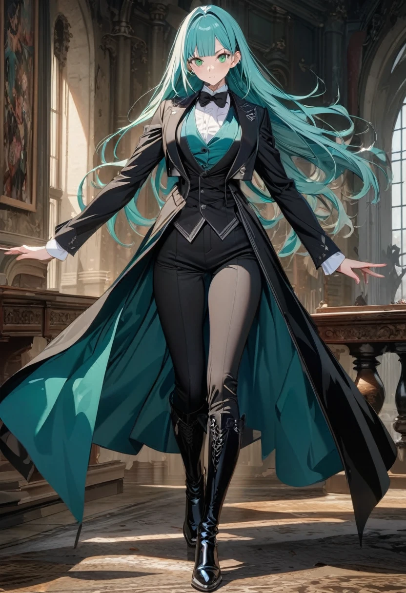 anime female character, shoulder length hair, medium turquoise color hair, bangs, green eyes, vest, boots, full body shot, pose, elegant, bangs, ouji fashion, "Black Butler" inspired outfit., butler outfit, suit, coat, fancy top hat, bowties, anime, Gothic art, anime, Gothic art, masterpiece, anatomically correct, accurate, high details, highres, 4K, 8K, highres, 1080P, super detail, masterpiece, anatomically correct,