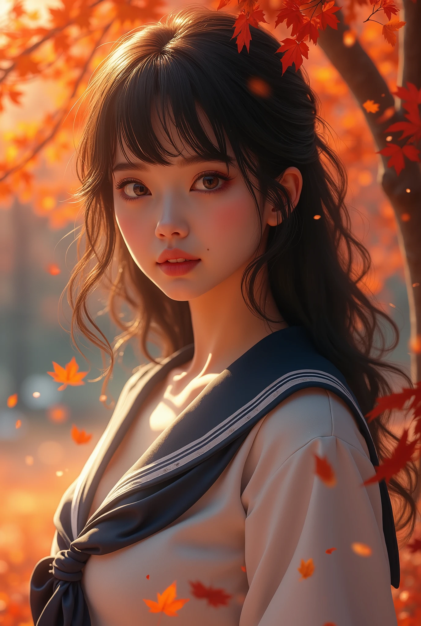 (masterpiece,Highest quality:1.4),(8k,RAW Photos,Photorealistic:1.4),Ultra-high resolution, ,(Glowing Skin:1.4),Detailed肌,Detailed顔,Detailed目,(Beautiful and shining eyes:1.2),Symmetrical eyes,Detailed耳,One person,Natural Makeup,(((Junior idol))),,Detailed背景,Vivid background,Beautiful and shiny hair,,((Average teenage breasts)),,(Detailed Sailor uniform,Realistic beautiful teen,Maple leaves falling background,mysterious,whole body),,((Sharp Face)),Natural light,Ms. Haikara,(Very detailed ,,online shopping,LUMINE® Market,),,,Professional,(Detailed,Location was great.),