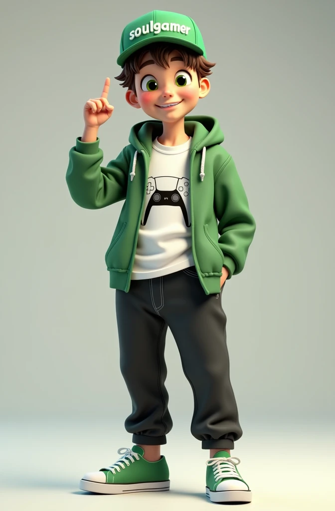 Create a 3D male influencer character of approximately 18 years of age and youthful appearance . He is tall. His facial expression is friendly and smiling., with big green eyes that convey a sense of curiosity and joy. your hair is short, brown in color and slightly disheveled, visible under the CAP. His cap is green and has the word "Soulgamer" printed on the front. He wears a white T-shirt with a PS5 controller image printed on it.. He wears a green hooded jacket over a white t-shirt and matching cap.. He wears loose black pants that fit comfortably over green sneakers that match his jacket and cap., with white shoelaces tied tightly. He is standing with the fist of one hand inside his jacket pocket while the fist of his other hand is raised as if in celebration..