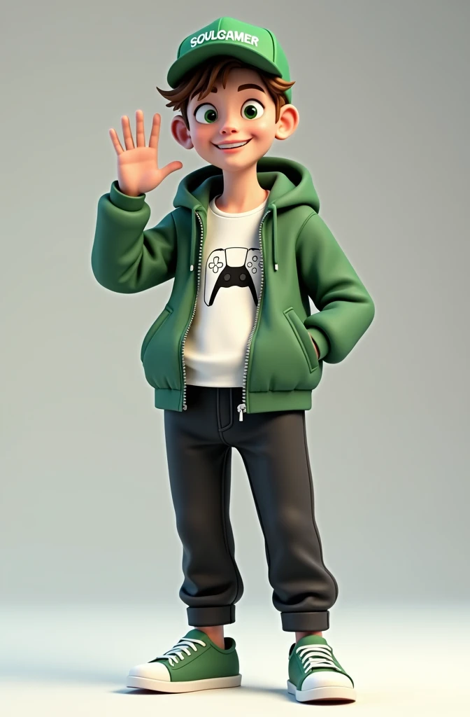 Create a 3D male influencer character of approximately 18 years of age and youthful appearance . He is tall. His facial expression is friendly and smiling., with big green eyes that convey a sense of curiosity and joy. your hair is short, brown in color and slightly disheveled, visible under the CAP. His cap is green and has the word "Soulgamer" printed on the front. He wears a white T-shirt with a PS5 controller image printed on it.. He wears a green hooded jacket over a white t-shirt and matching cap.. He wears loose black pants that fit comfortably over green sneakers that match his jacket and cap., with white shoelaces tied tightly. He is standing with the fist of one hand inside his jacket pocket while the fist of his other hand is raised as if in celebration..
