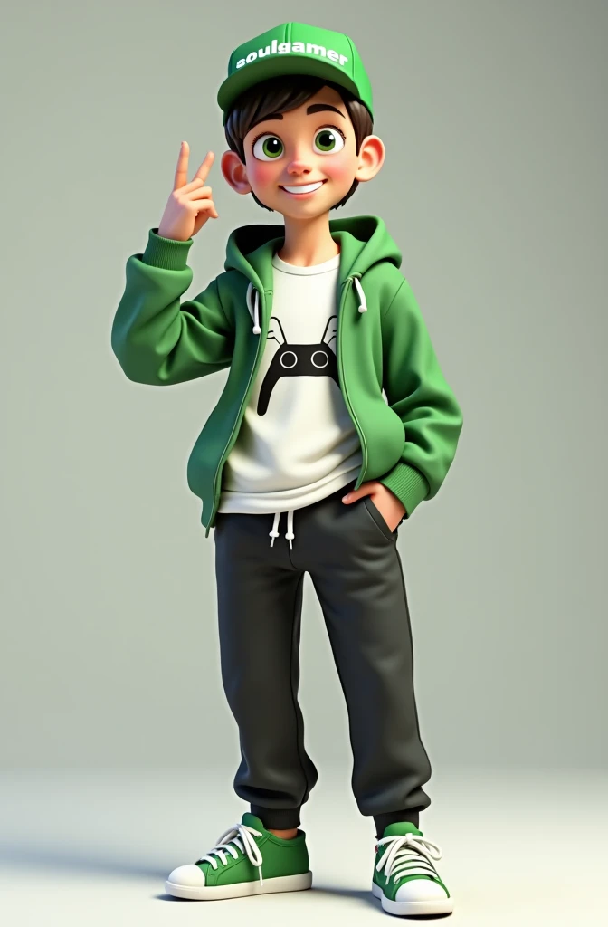 Create a 3D male influencer character of approximately 18 years of age and youthful appearance . He is tall. His facial expression is friendly and smiling., with big green eyes that convey a sense of curiosity and joy. your hair is short, brown in color and slightly disheveled, visible under the CAP. His cap is green and has the word "Soulgamer" printed on the front. He wears a white T-shirt with a PS5 controller image printed on it.. He wears a green hooded jacket over a white t-shirt and matching cap.. He wears loose black pants that fit comfortably over green sneakers that match his jacket and cap., with white shoelaces tied tightly. He is standing with the fist of one hand inside his jacket pocket while the fist of his other hand is raised as if in celebration..