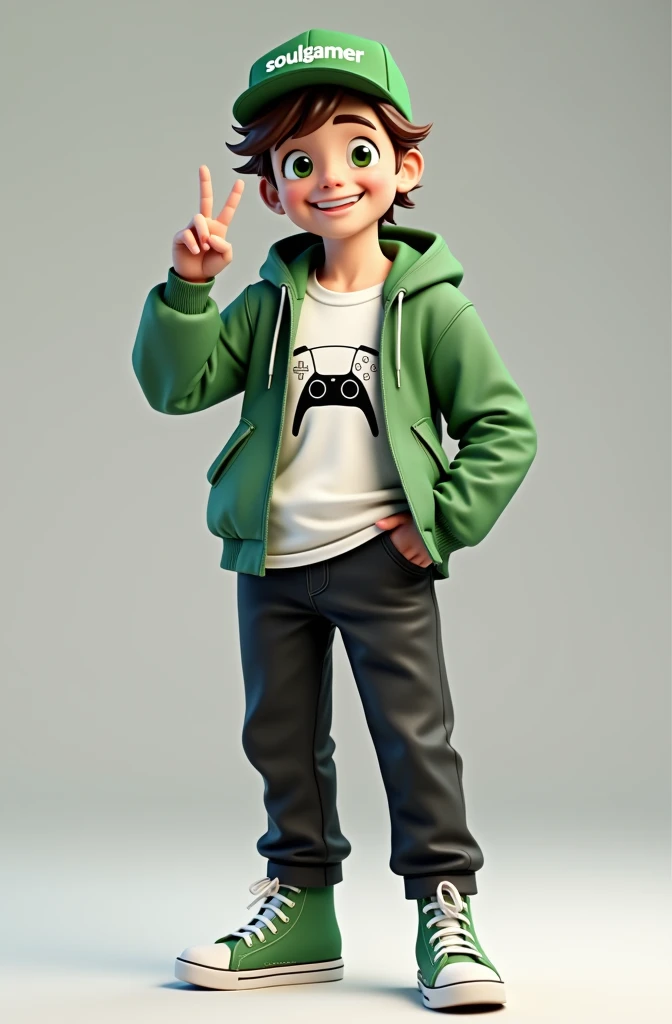 Create a 3D male influencer character of approximately 18 years of age and youthful appearance . He is tall. His facial expression is friendly and smiling., with big green eyes that convey a sense of curiosity and joy. your hair is short, brown in color and slightly disheveled, visible under the CAP. His cap is green and has the word "Soulgamer" printed on the front. He wears a white T-shirt with a PS5 controller image printed on it.. He wears a green hooded jacket over a white t-shirt and matching cap.. He wears loose black pants that fit comfortably over green sneakers that match his jacket and cap., with white shoelaces tied tightly. He is standing with the fist of one hand inside his jacket pocket while the fist of his other hand is raised as if in celebration..