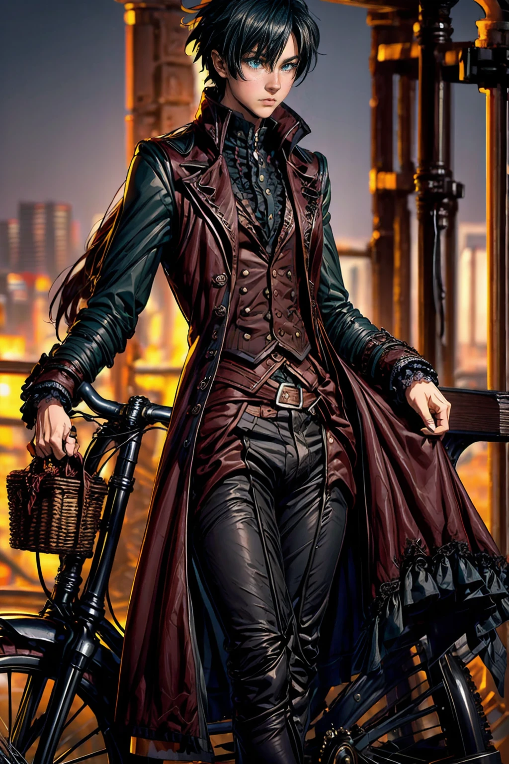 masterpiece, best quality, detailed, (1boy), handsome, toned physique, black hair, short hair, black attire, steampunk, gothic, green eyes, mechanical vehicle, meadows, sundown, beautiful scenery, peaceful, sitting on a steampunk bike, smoking, 3D Western Anime Style,