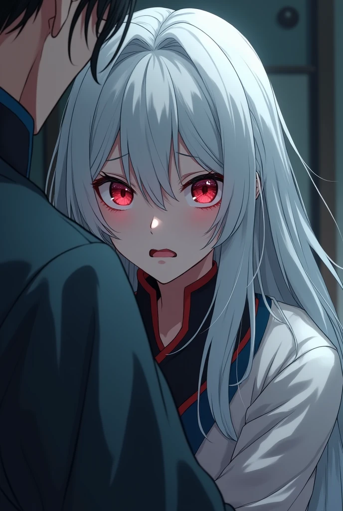 A woman with long white hair and ruby red eyes,,, Clothes like a Chinese cultivator,, hiding behind someone with her arms around her,,anime art,,Hiding because he's afraid and just showing his arm to the person he's hugging,, Hiding behind people because of fear,,Make his face more scared ,,,The girl hugged the person from behind because she was scared, it made the girl's face really scared, really scared