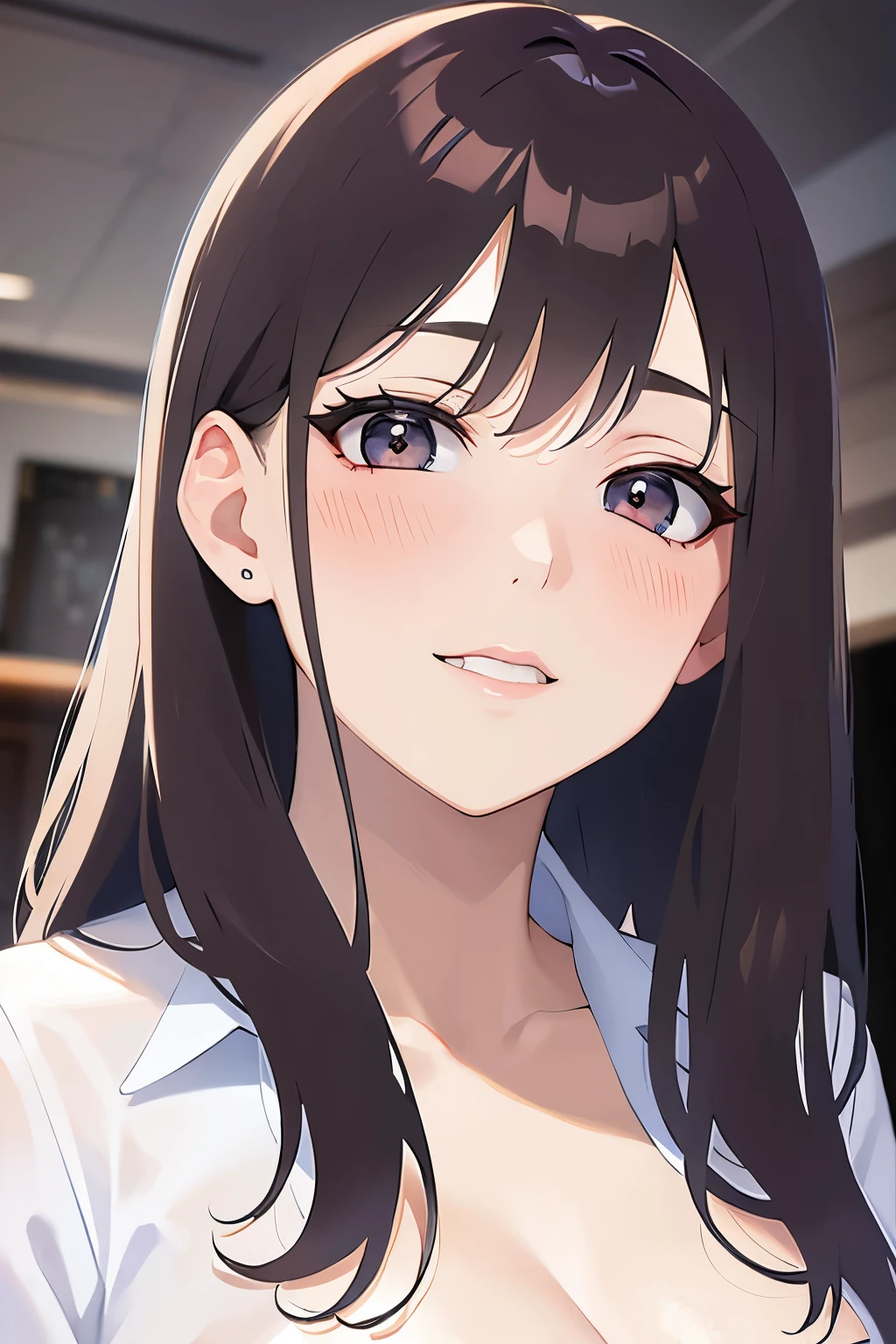leaning forward,Upper Body, Looking up、(Put your hand over your mouth:1.5)、
Realistic, real person, (pale skin: 1.2), RAW photo, photorealistic, shiny skin, shiny hair、(A 2 woman with medium-length hair and bangs) and (wavy hair) and (brown hair) and (orange eyes) ,
(Wearing a business suit:1.5) and (Wearing a white collared shirt)、
(Cleavage:1.5)、(blush:1.5),smile,The background is the conference room、(alone:1.5)