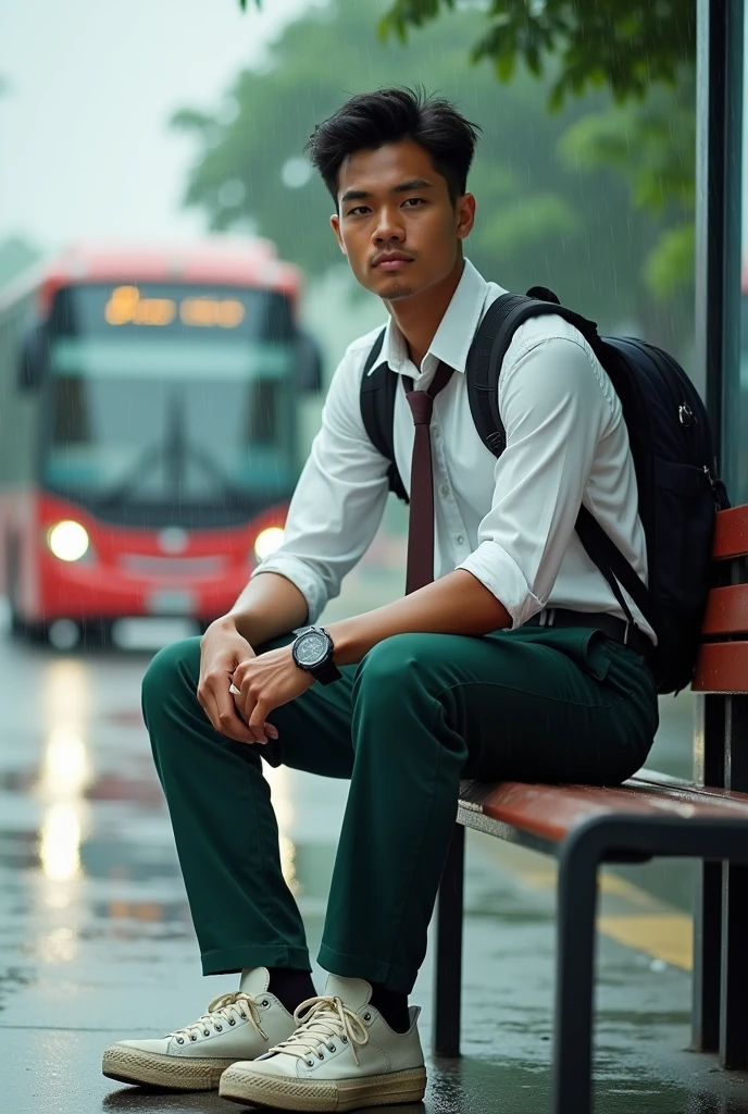 Malaysia man average 1. Teenage man , wear white collar clothes.tan skin.mewing Jawline Black belt. Dark green long pants. Back pack bag body glove blue light ,dirty white converse shoes. Sitting on the bus stops. Figure four lock. Wear g shocked watch. Raining day. Wet road. Background bus coming. Dark brown long tie.sit on bus stop chair .