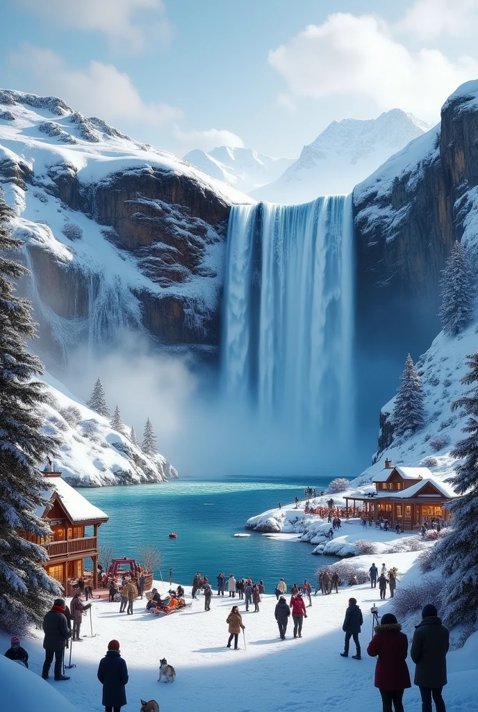 Huge Waterfall in snow in the sea.and tourists.restuarants.skiing.hotels