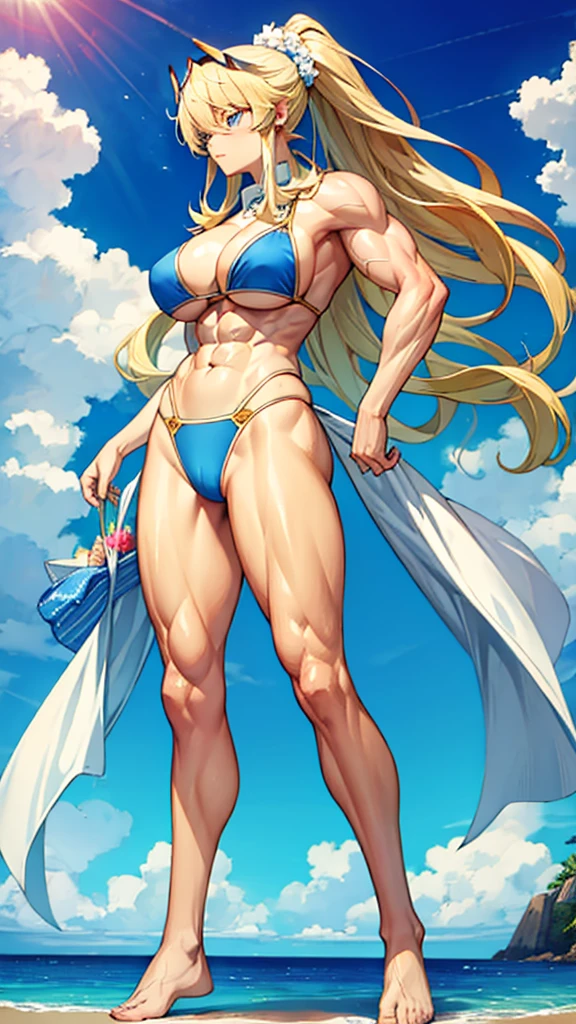 Blonde busty beauty,muscle,Abdominal muscles,blue and white bikini,Bare legs,barefoot,Standing,Sunlight,Sea